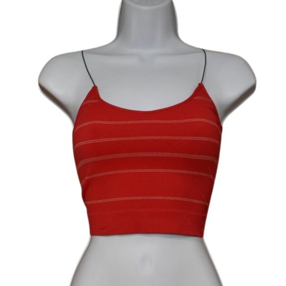 Womens Seamless Red and White Striped Spaghetti String Cropped Tank Top - Picture 1 of 11